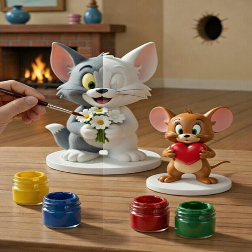 Tom ve Jerry Figür Boyama Seti 2 Figür 6 Renk Boya 2 Fırça Kendin Boya Hobi Seti